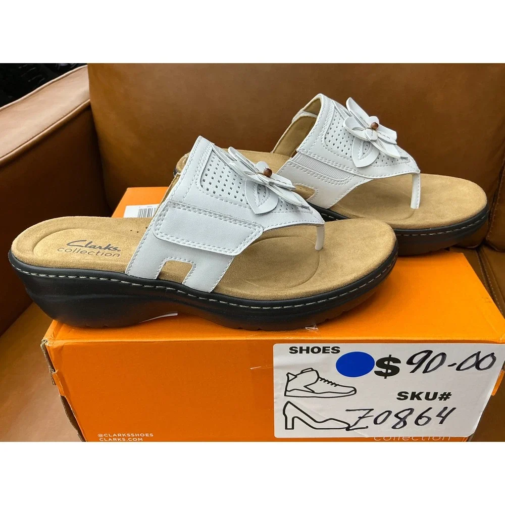 Clarks Merliah Kyla Sandal Womens 7.5W White Floral Wedge Thong 26187089